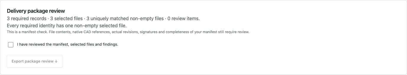 Actual corrected delivery-package sample with three matching non-empty file entries