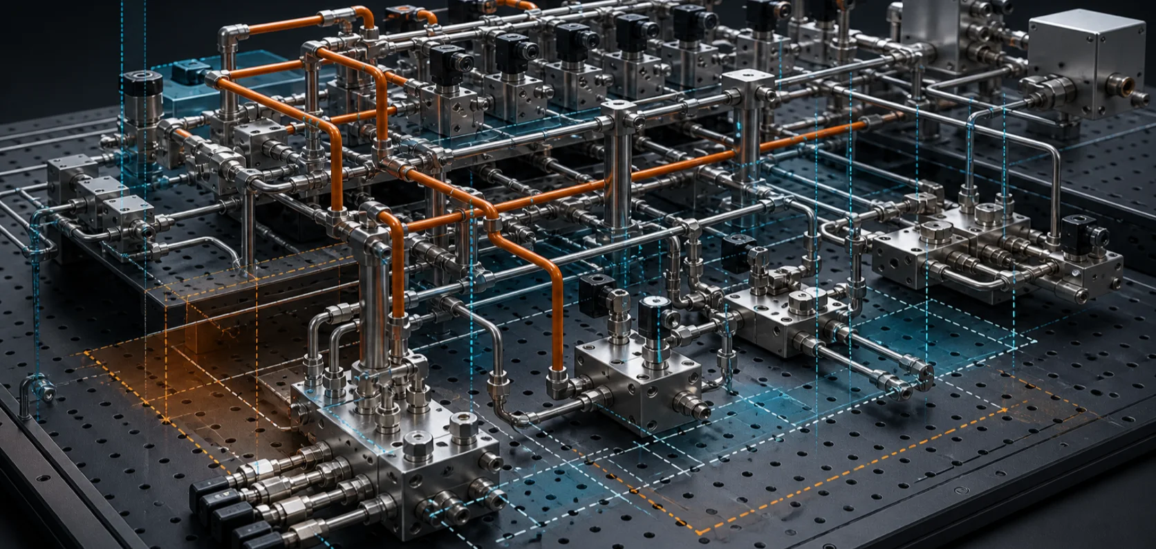 Concept illustration showing component positions, connecting routes and space constraints