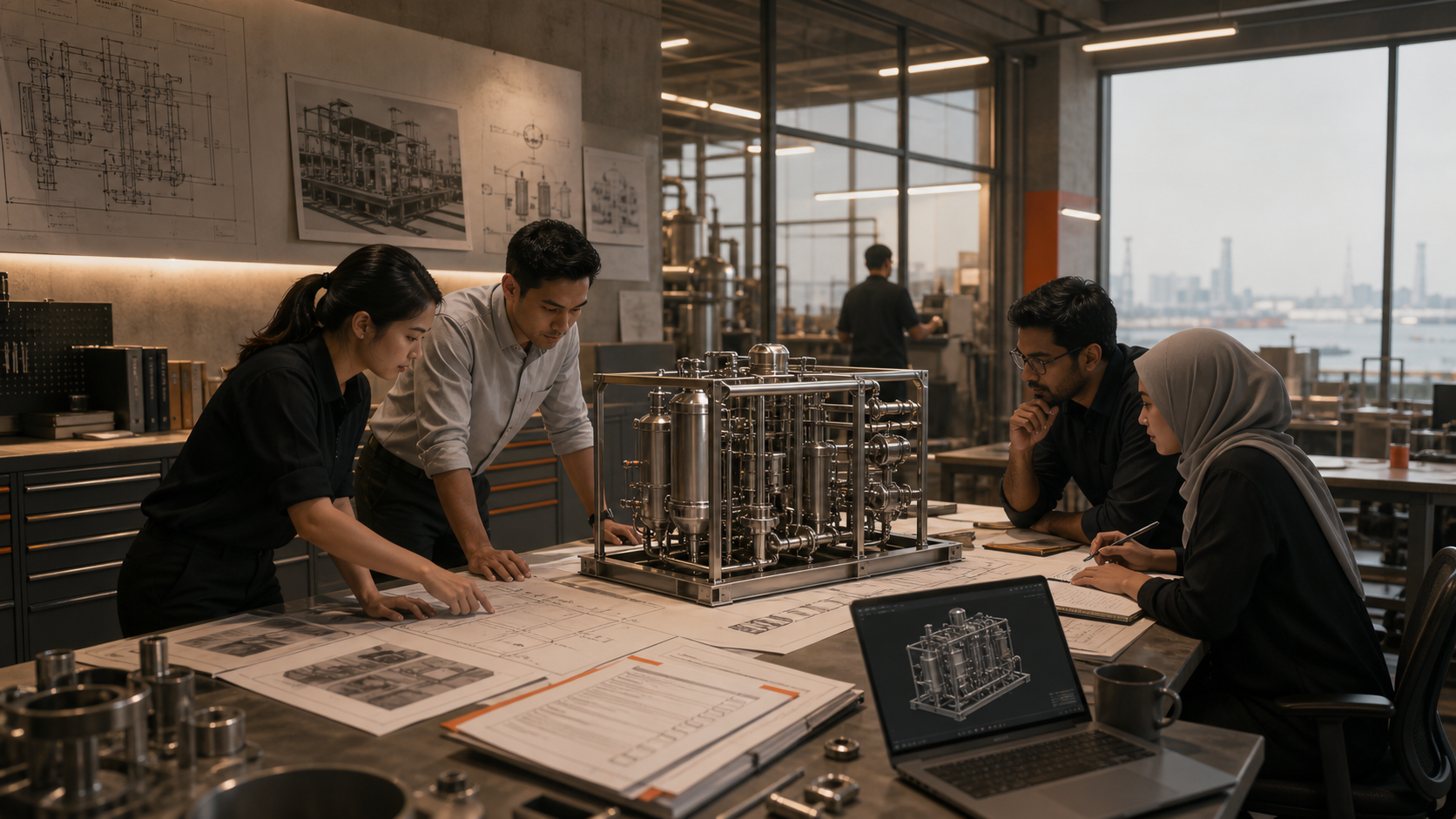 Concept illustration of an engineering team reviewing a physical equipment module, P&ID documents and native assembly evidence