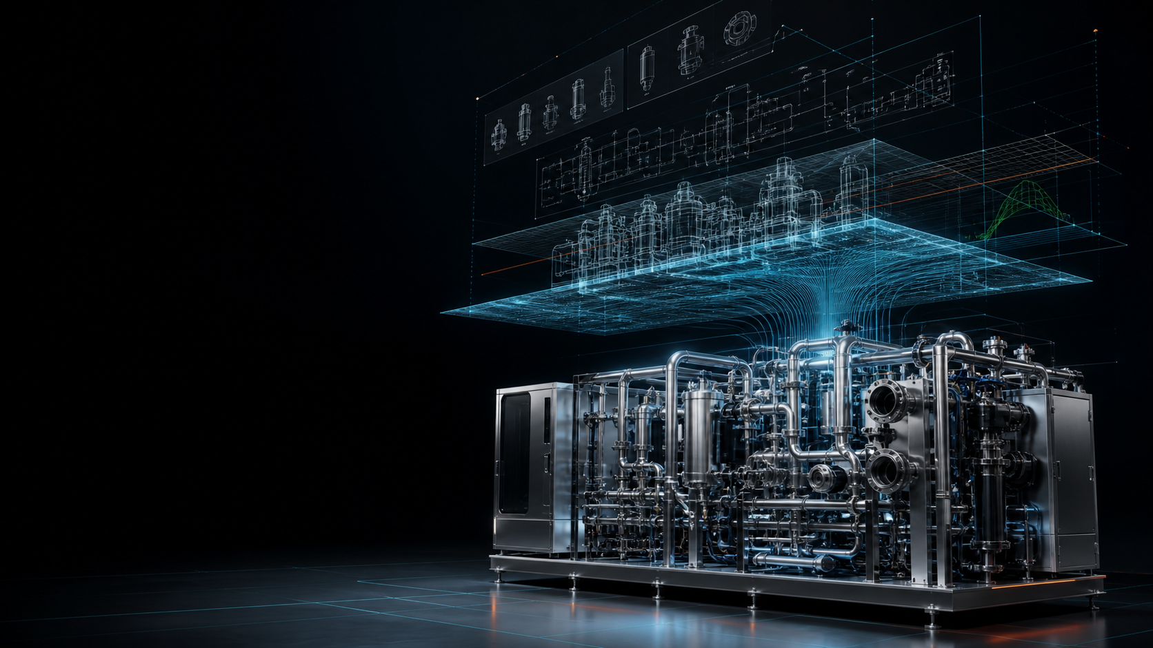 Brand illustration of MST Engineering Intelligence connecting engineering intent, system constraints and a physical process assembly