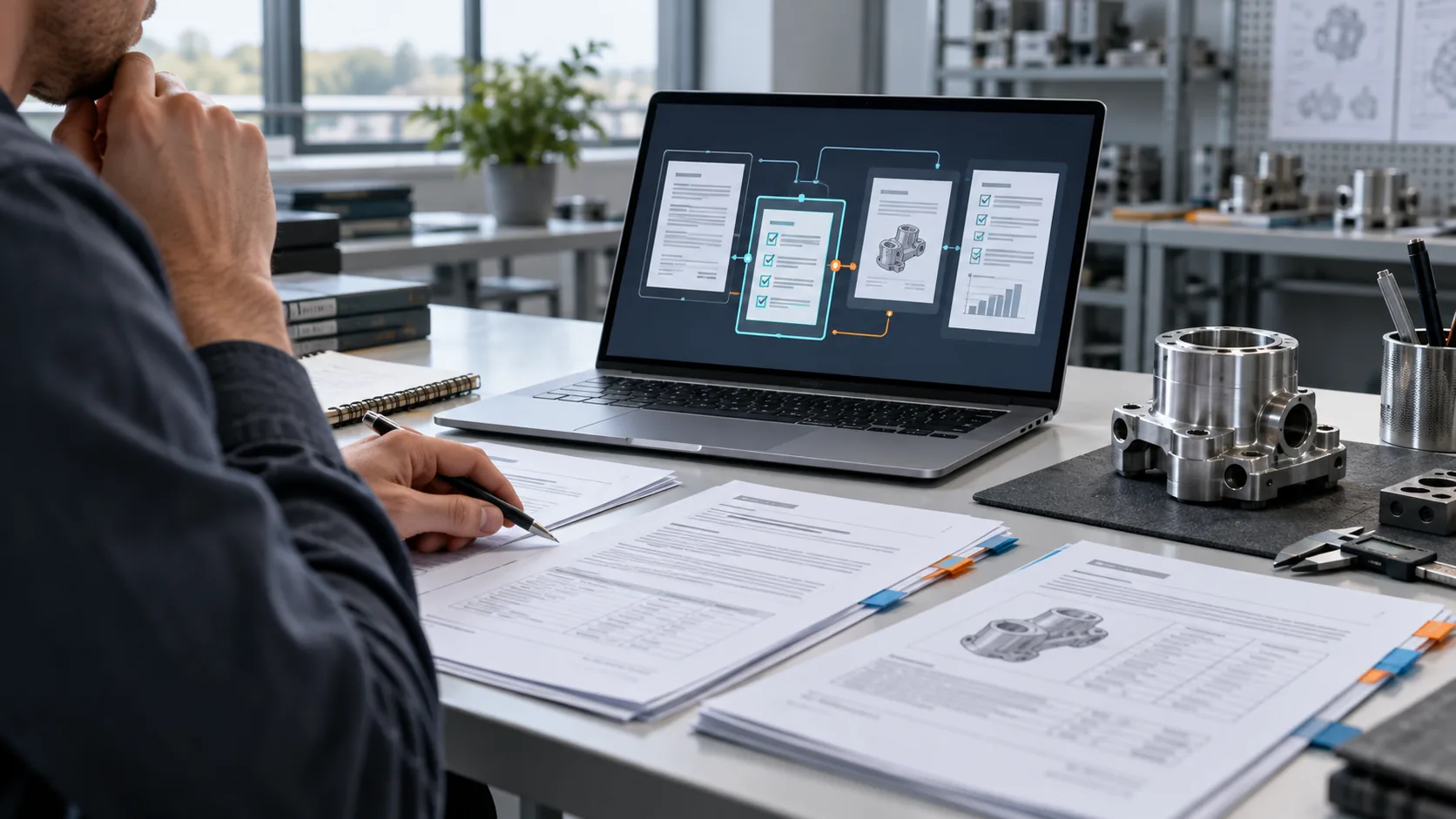 AI-generated illustration of an engineer reviewing requirements and linked documents beside a mechanical component
