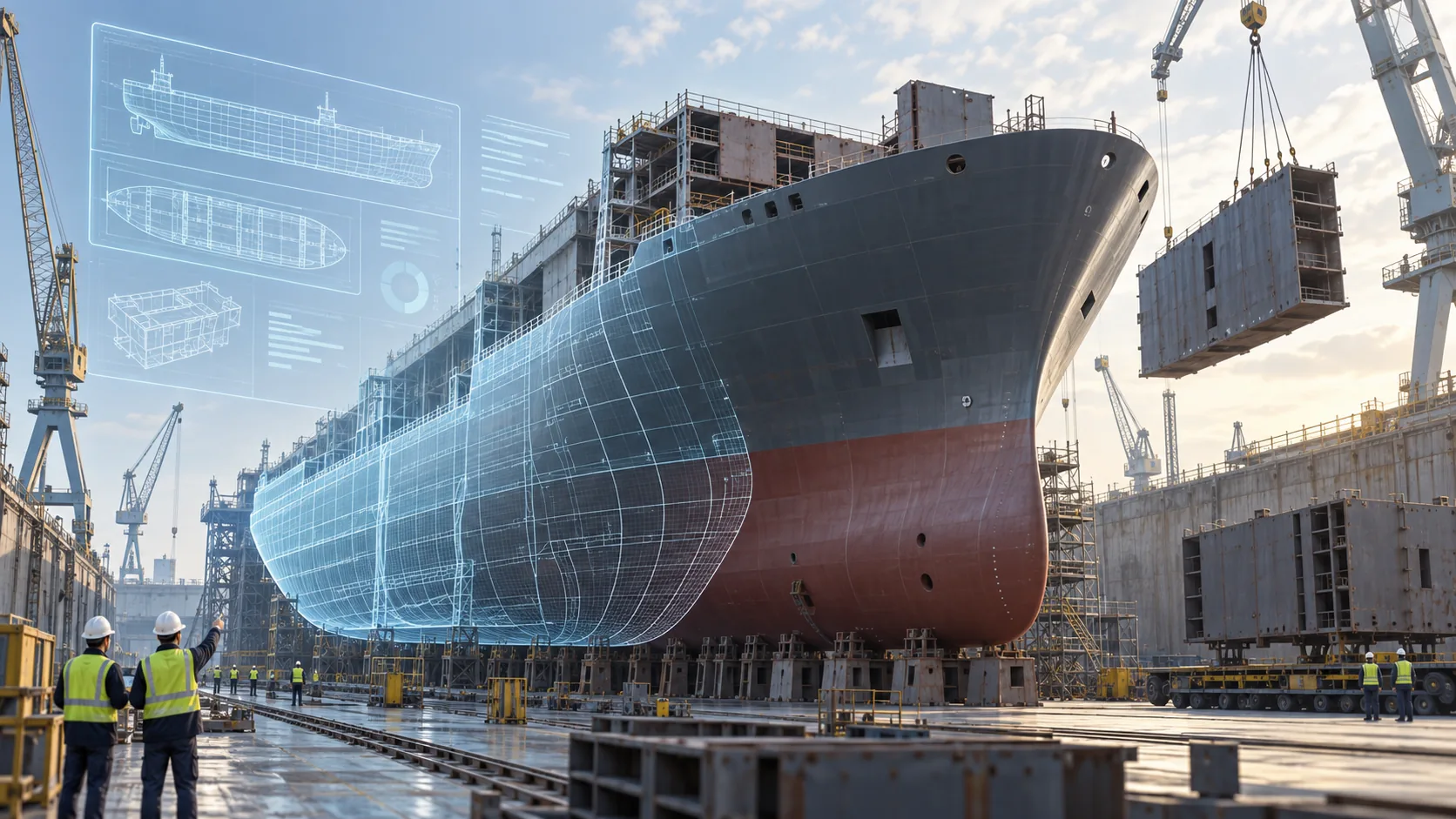 AI-generated concept of a ship hull under construction with a digital wireframe overlay