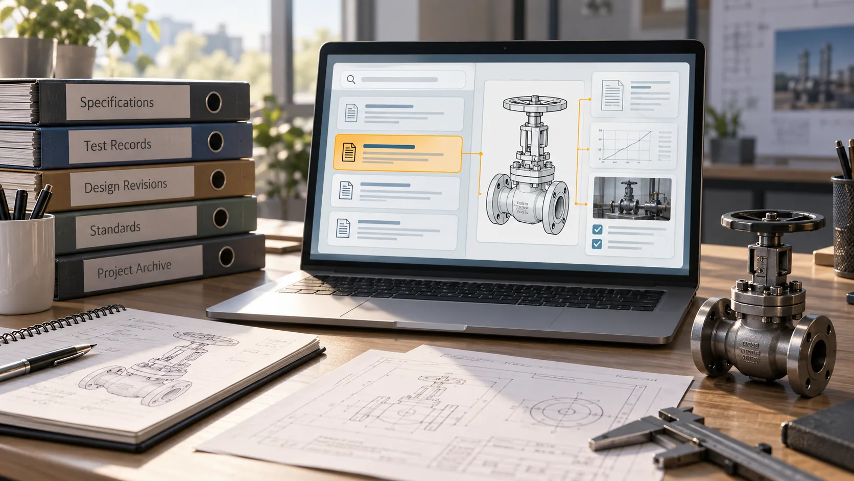 AI-generated illustration of engineering records, a search interface and a valve model