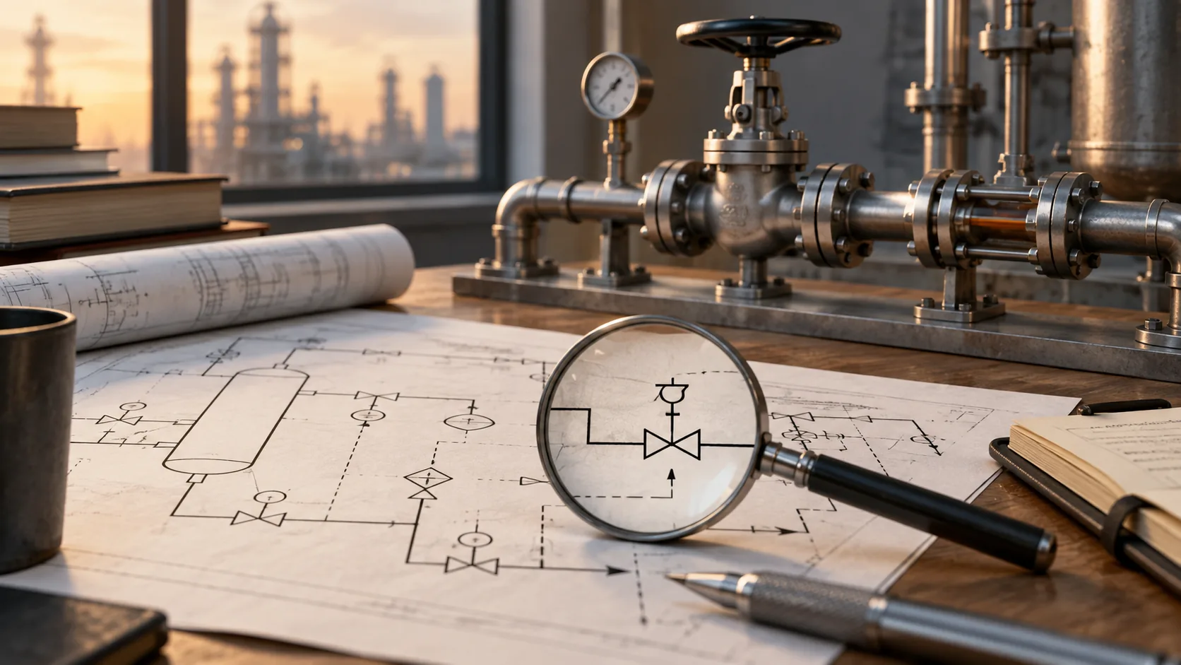 AI-generated concept illustration of a process drawing, a connection under inspection and physical equipment