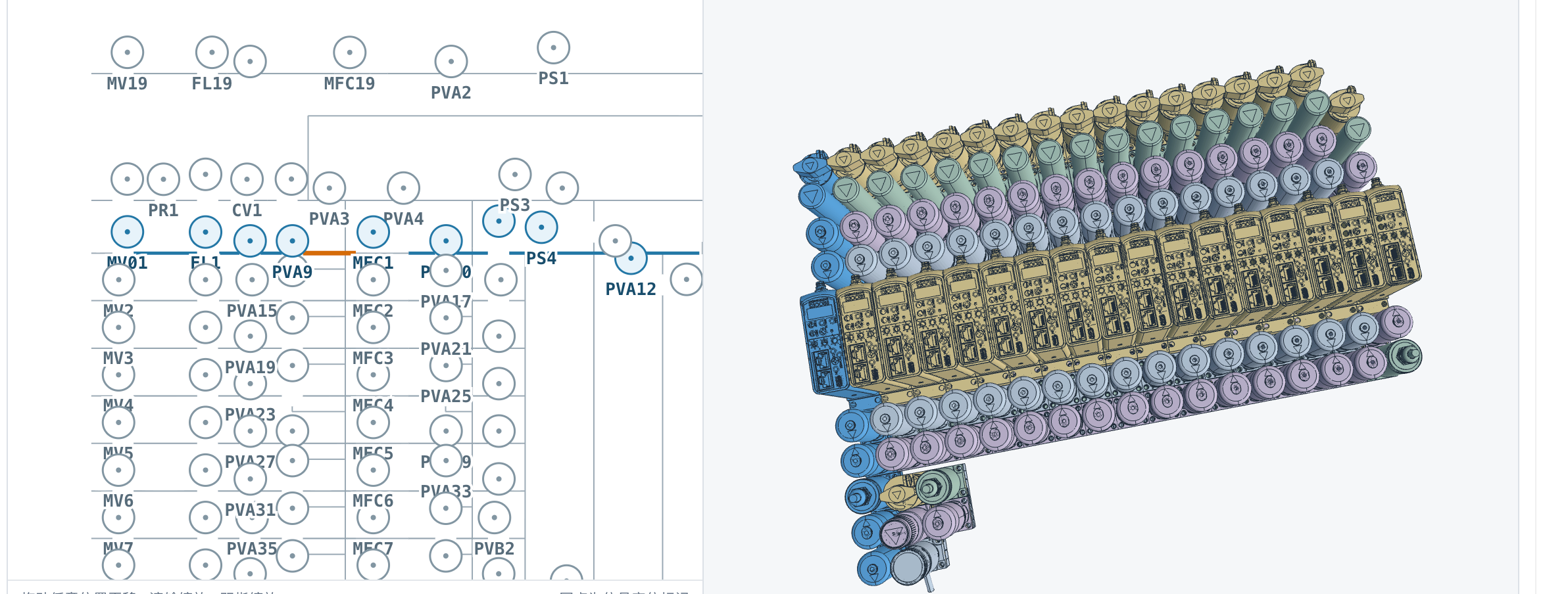MST P&ID-derived topology and corresponding 3D equipment assembly