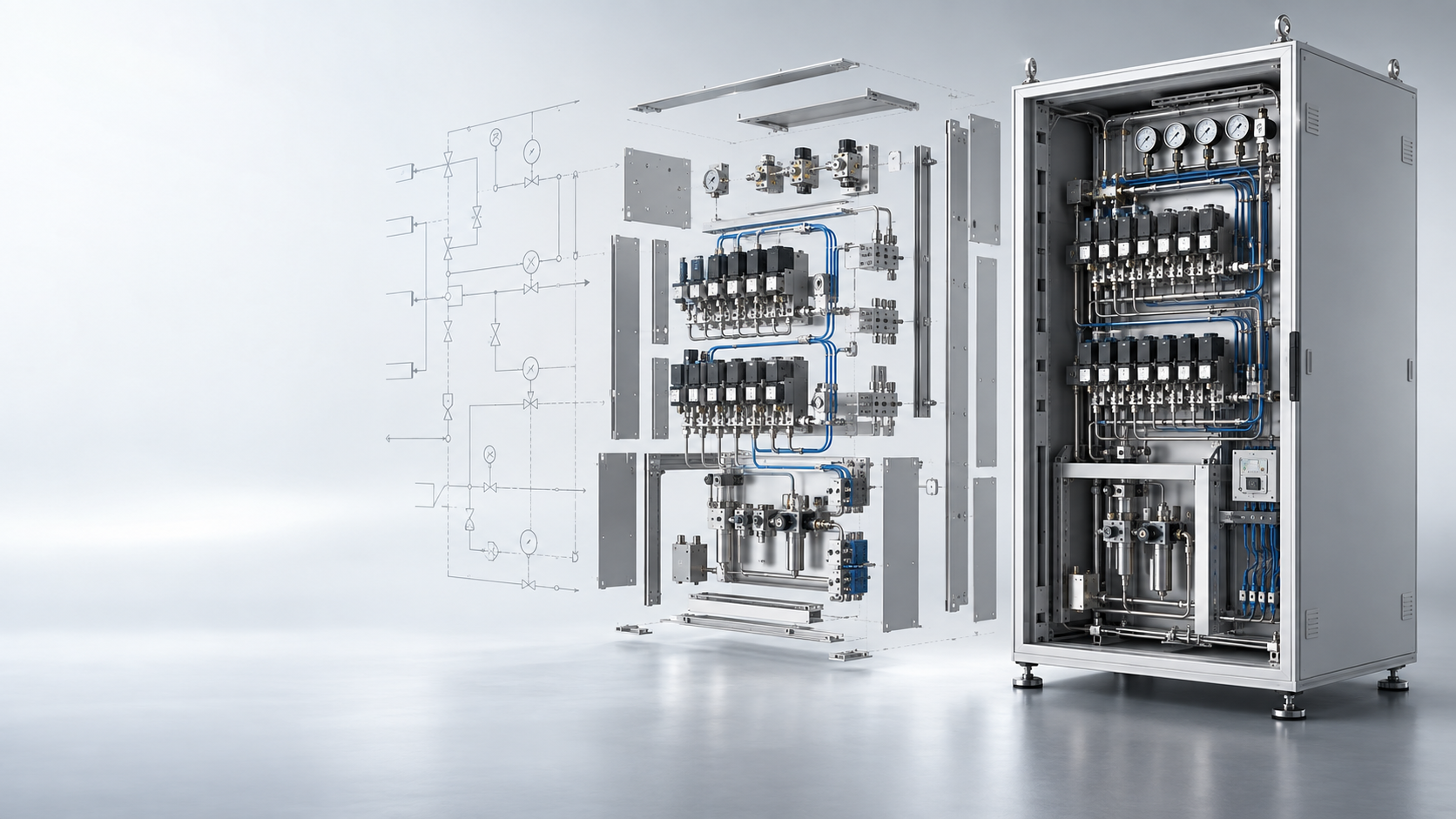 Concept illustration showing a process diagram, an exploded component layout and an assembled semiconductor gas-equipment cabinet