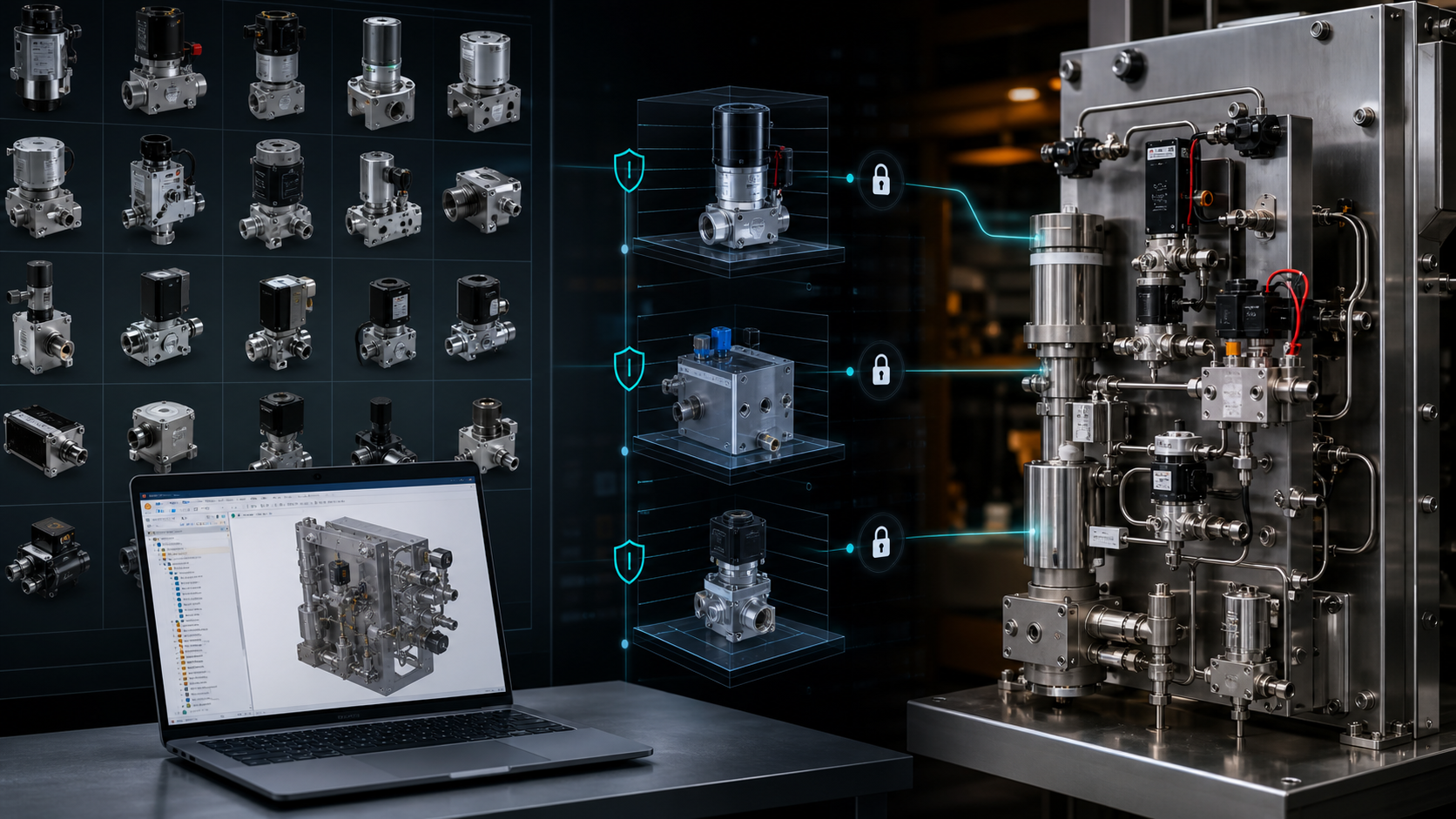 Concept illustration of a secure customer production model library resolving approved native components into a semiconductor process-equipment assembly