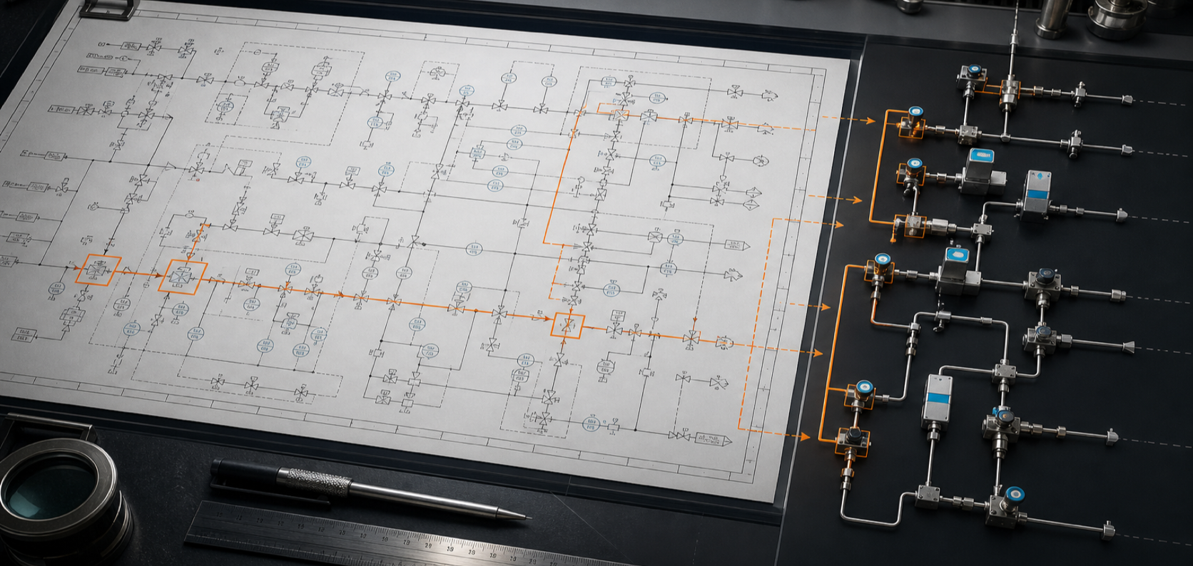 Concept illustration of a detailed P&ID sheet being traced into physical directed gas-path evidence