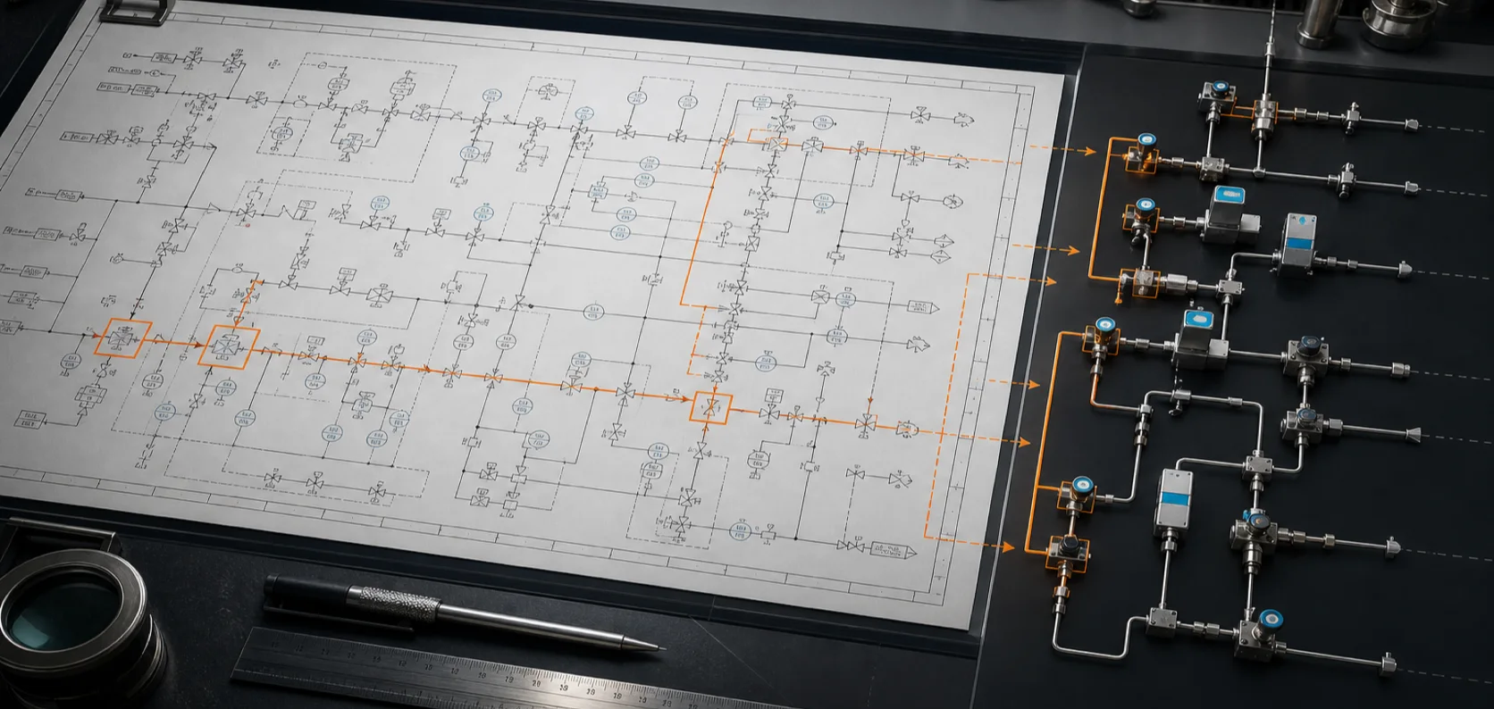 Concept illustration of interpreting a process diagram for equipment design