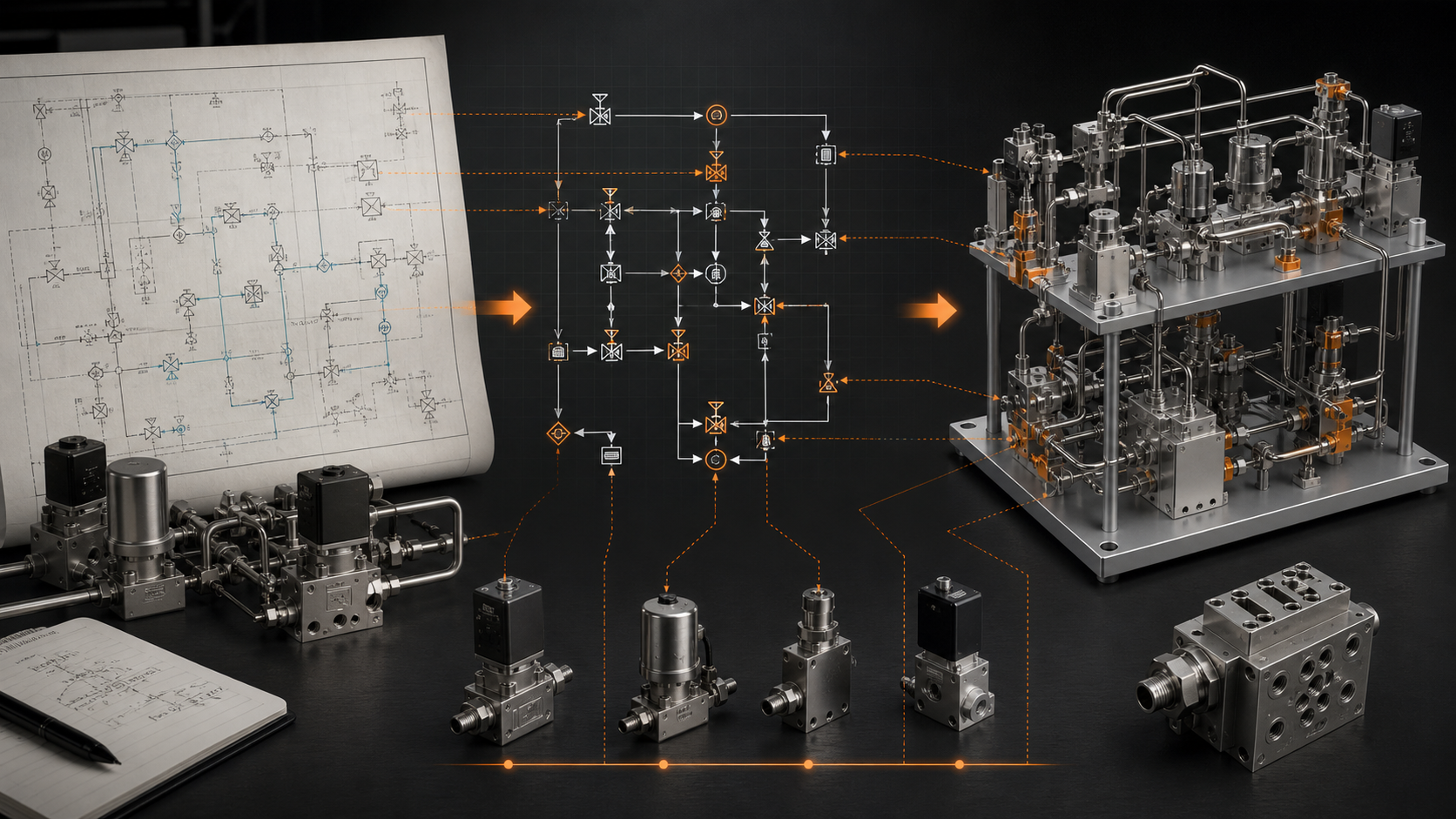 Concept illustration of P&ID intent becoming a directed engineering graph and an assembled equipment module