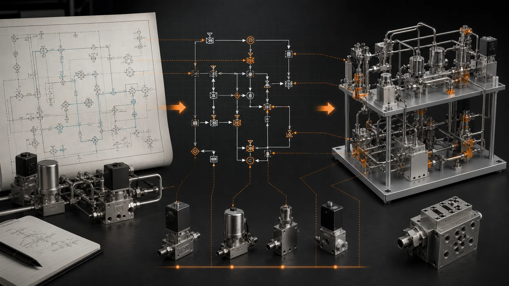 Concept illustration linking a process diagram, connection graph and equipment assembly