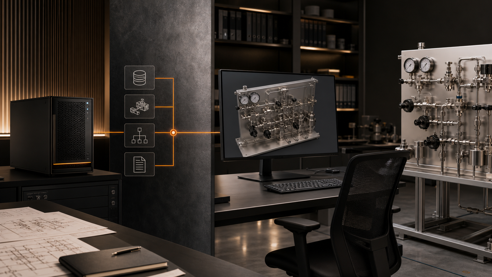 Concept illustration of a private customer-local engineering AI environment connected to approved design data and equipment