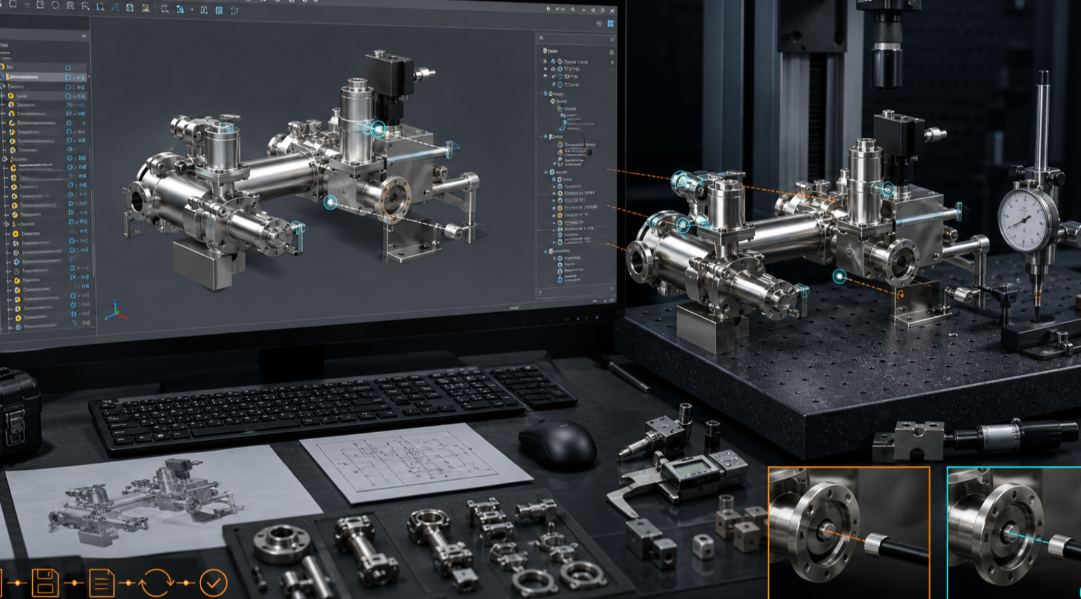 Concept illustration of a native editable CAD assembly beside a physical module under round-trip verification