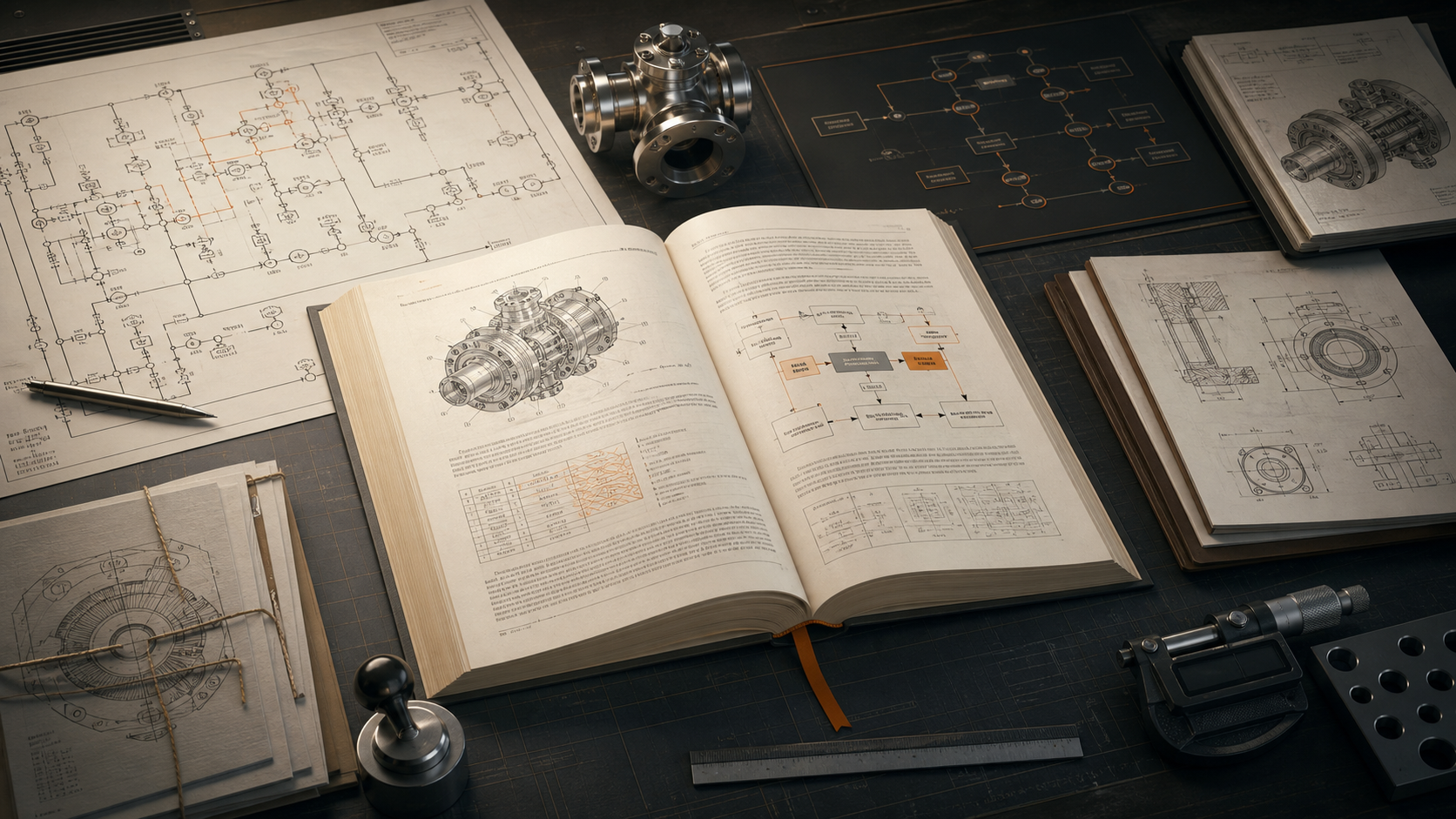 Concept illustration of a technical engineering monograph surrounded by P&ID evidence, topology, native assembly drawings and inspection tools